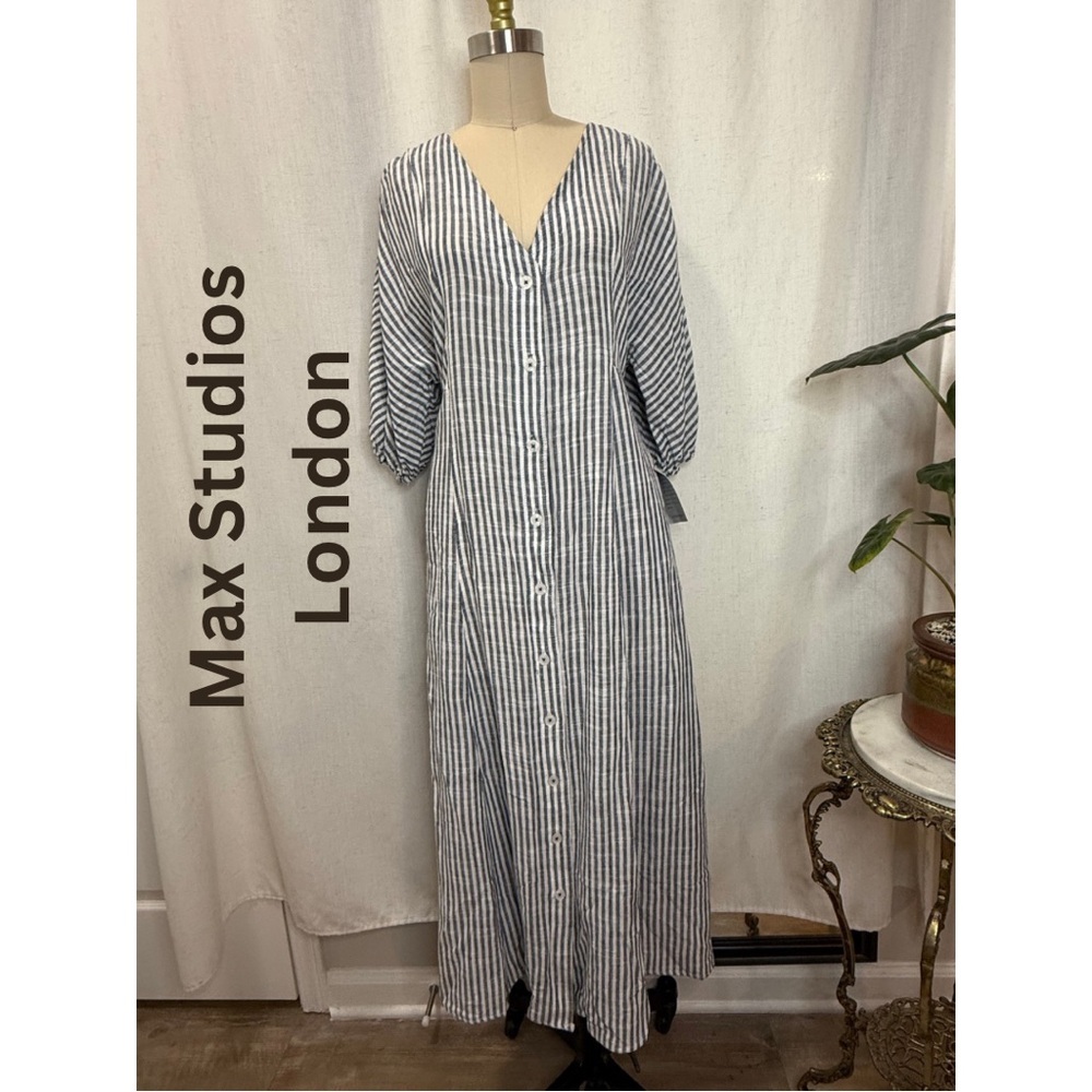NWT Max Studio Striped Linen Blend Midi Dress Size L Button Front Boho Coastal